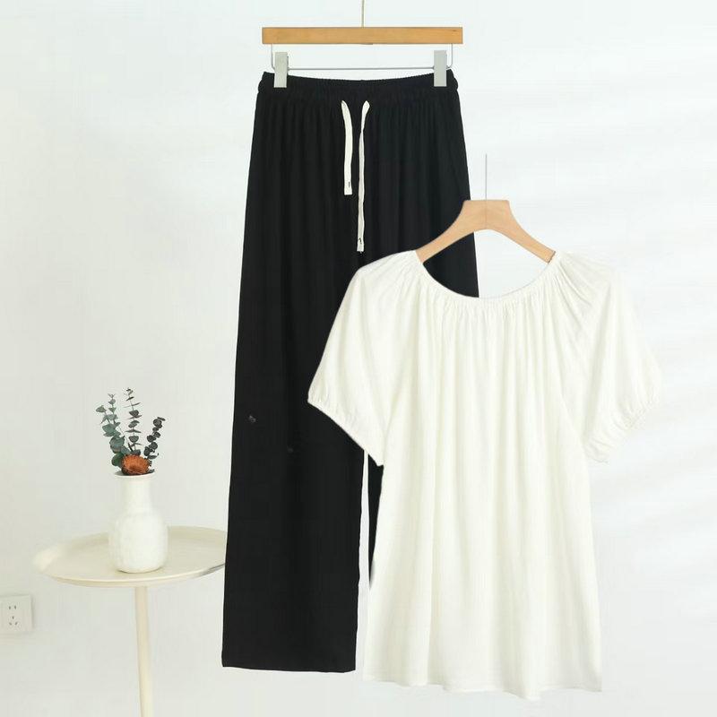 

Summer Women s Loose 2pcs suits 2-Way Wear Rayon Shirt Off Shoulder Tops Flattering Twill Rayon Casual Wide Leg Trousers 3XL