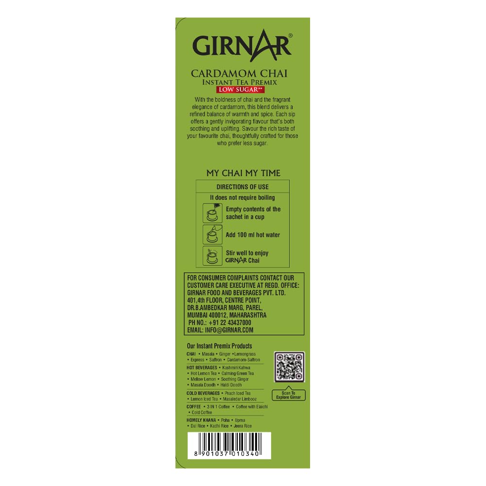 Girnar Instant Cardamom Tea Premix Low Sugar 10 Sachets Assam Caffeine Free Refreshing Beverage