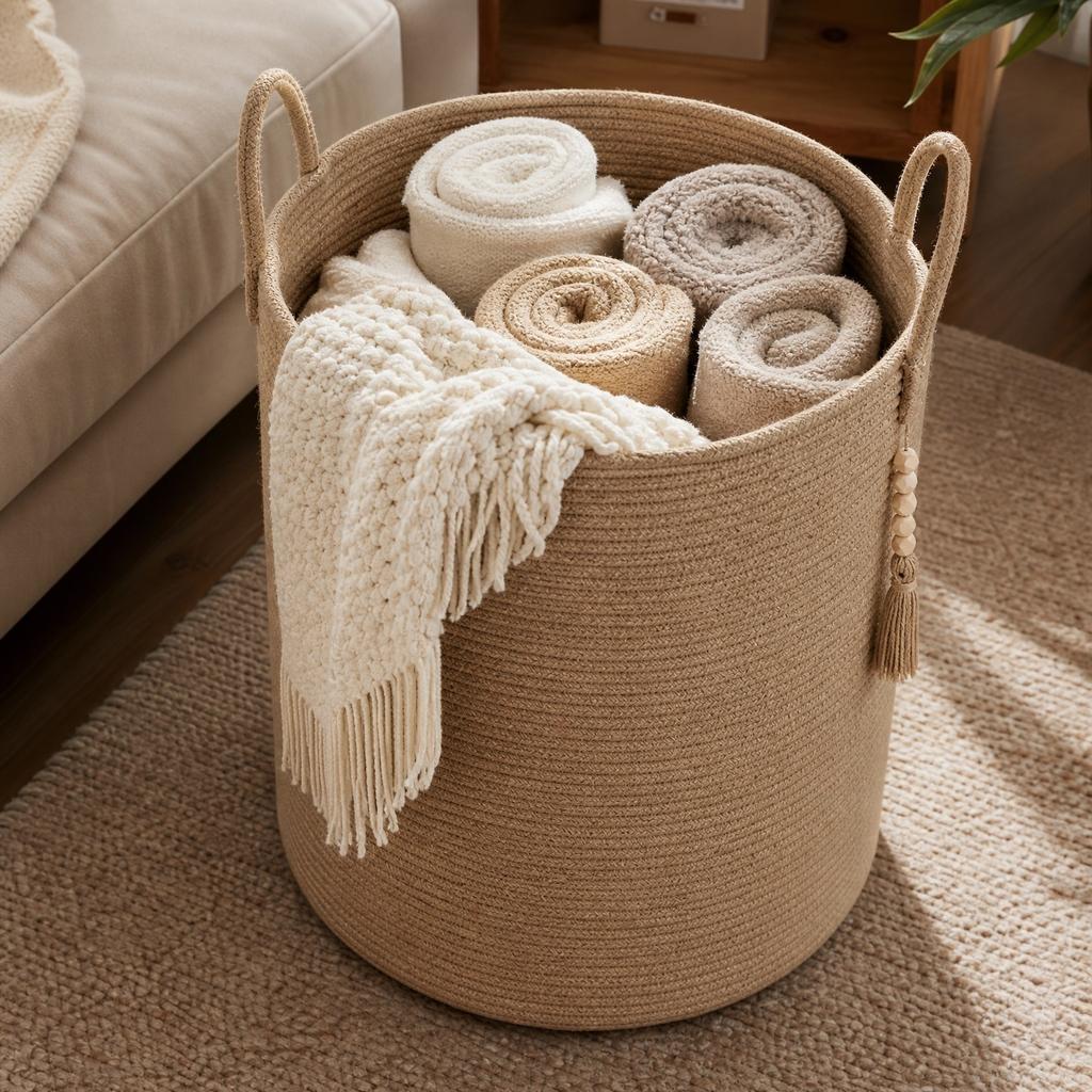 Handwoven Storage Basket with Handles Large Capacity Durable Rope Material for Household Organization and Storage