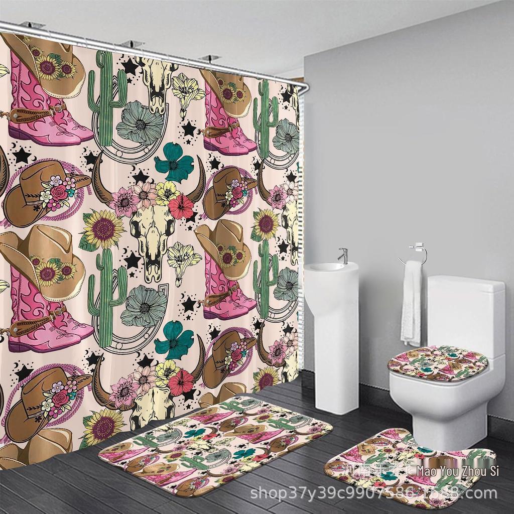 Shower Curtain Set: Cow Bone & Boot Pattern with Waterproof Fabric