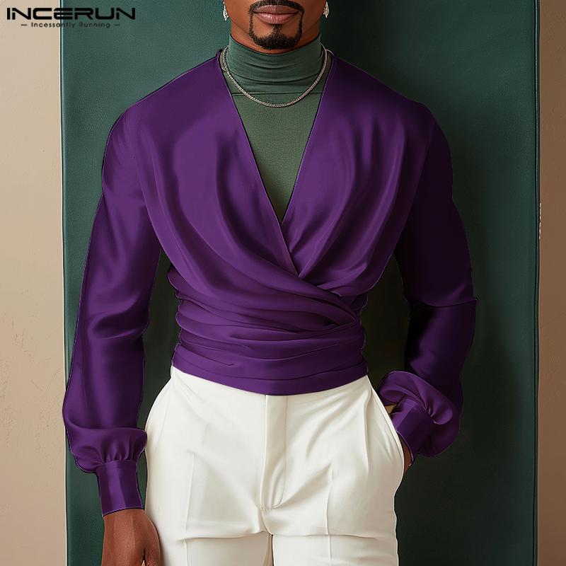 INCERUN Herren Deep V-Ausschnitt Vorne gekreuzt Einfarbig Bandage 70er Jahre Retro Tops Partyhemden