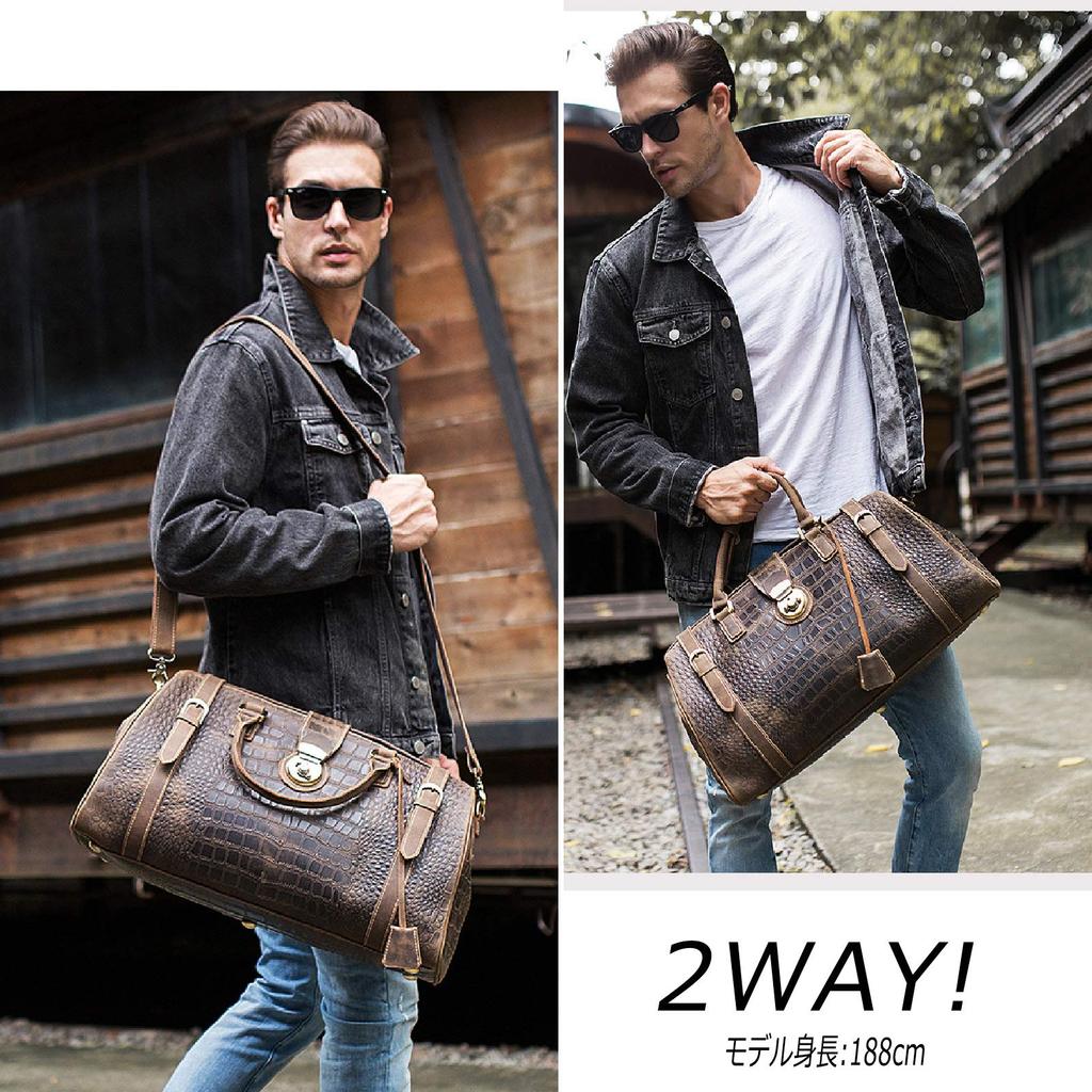 Genuine Leather Boston Bag for Large Fits Travel Cowhide Leather with Crocodile Handbag with Bottom Stands Metal Frame Shoulder Business Trip