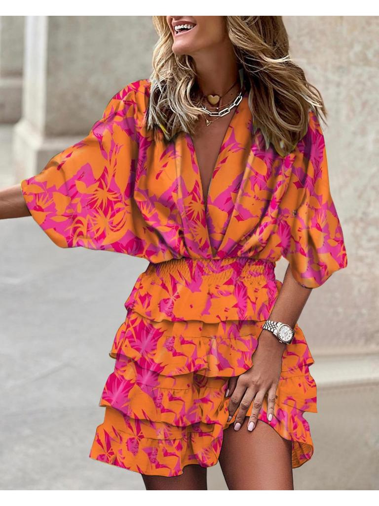 V Neck Print Flower Dress Waist Hugging  Elegant Pleated Dress for Women Short Sleeve Loose Dresses Causal Dress
