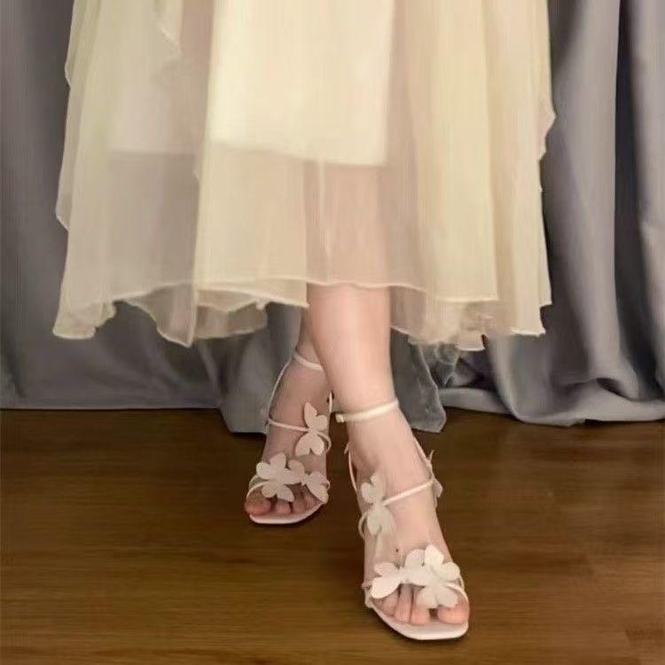 Temperament fairy style bow square head word with sexy stiletto sandals French straps high heels 2025 new