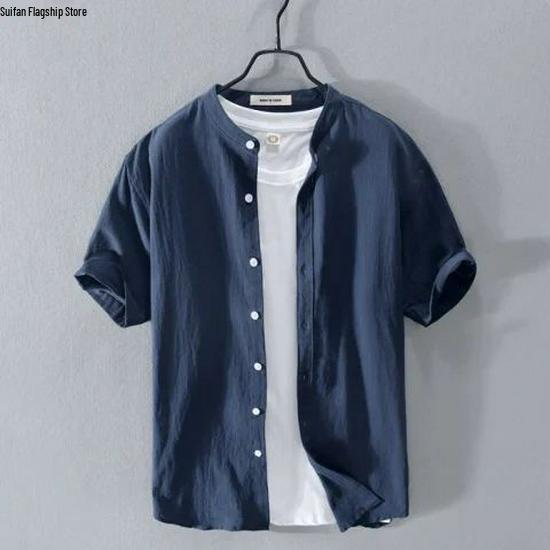 

Чоловіча літня бавовняно-льняна сорочка з коміром-стійкою - Біла шовкова сорочка-поло з коротким рукавом 3XL