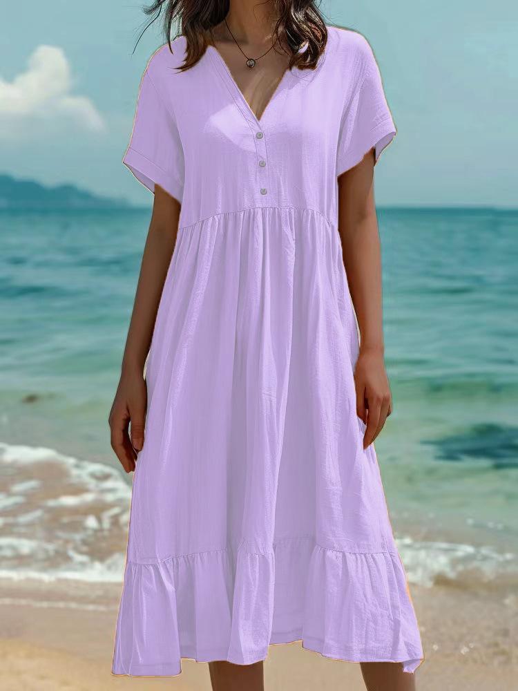2026 Spring/Summer European & American Women's Solid Color Pleated Short Sleeve Fashion Dress