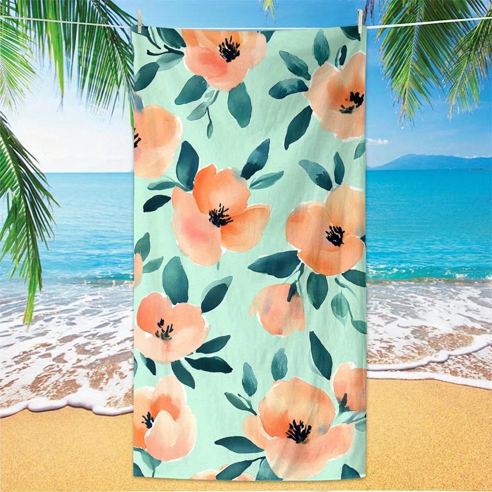 1pc Floral Beach Towel - Quick-Dry Microfiber,Lightweight & Absorbent, Vibrant Orange & Green Floral Design, Compact Travel Pool