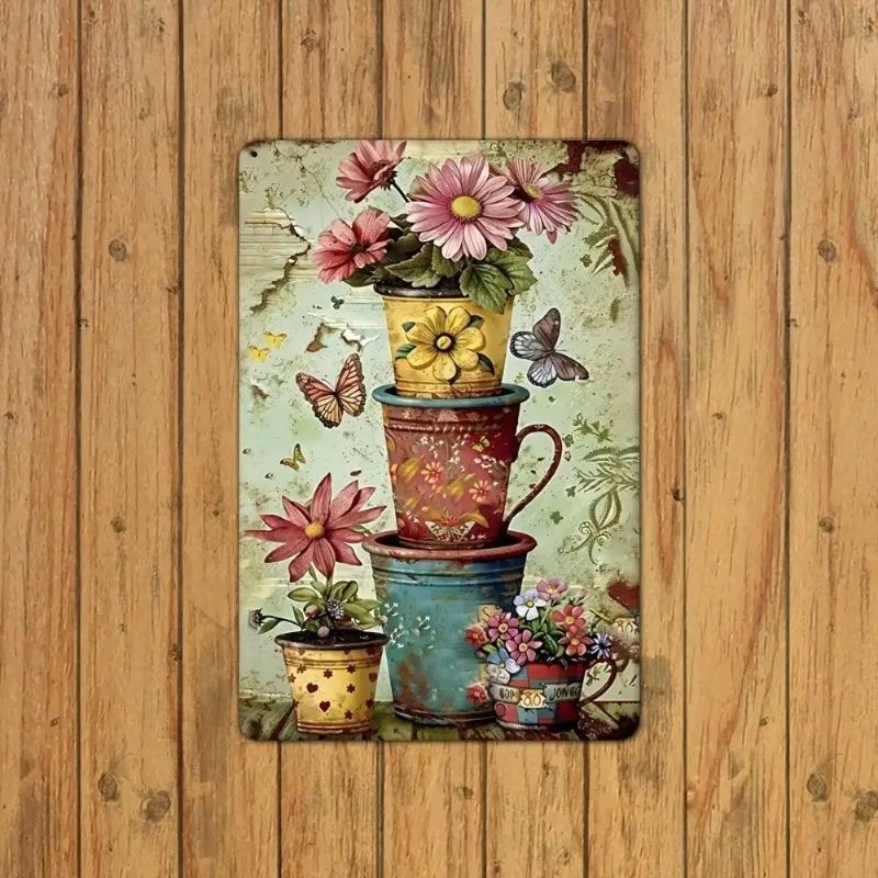 Vintage Metal Sign Floral Pots Butterfly Design Home Decor