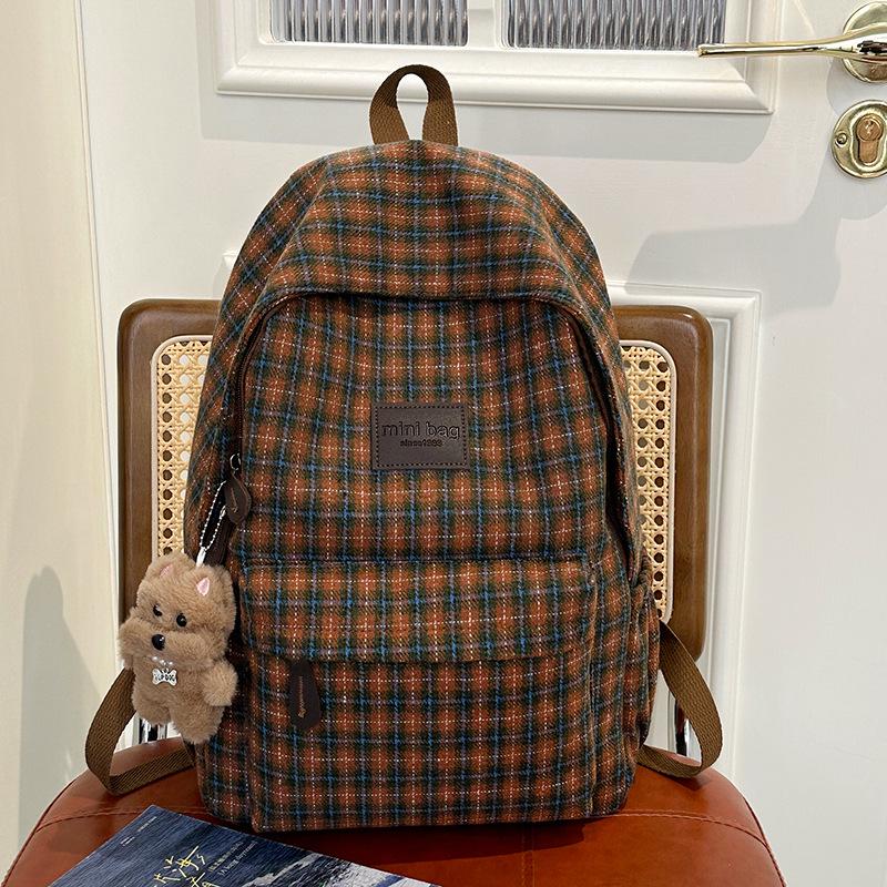 Mori Style Plaid Tweed Backpack: Versatile, Large-Capacity School Bag for Junior High Students