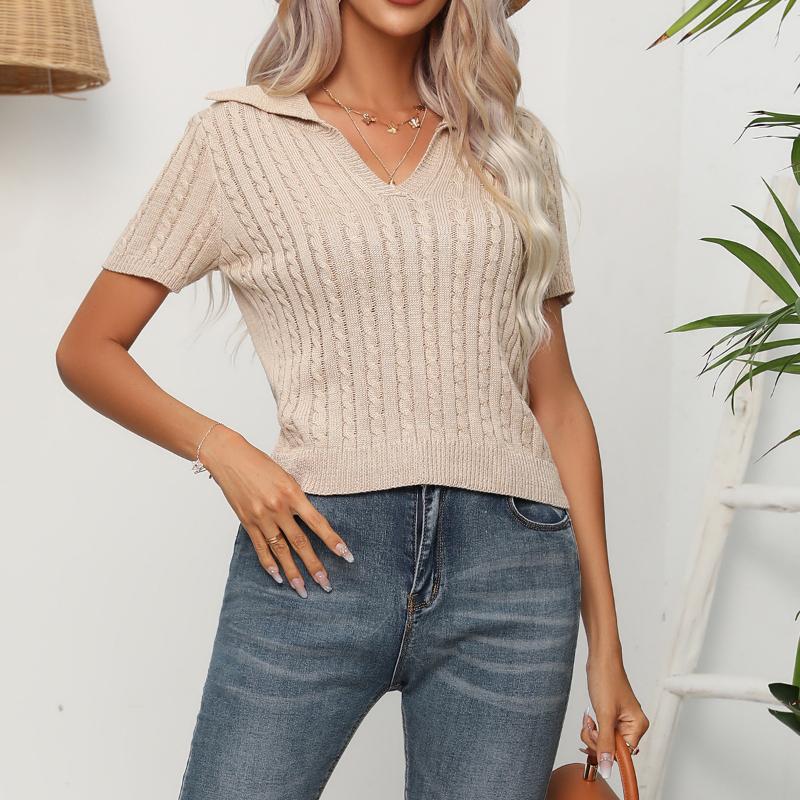 Summer Women's Twist POLO Neck Short Sleeve Knit Sweater Stranded Short Top
