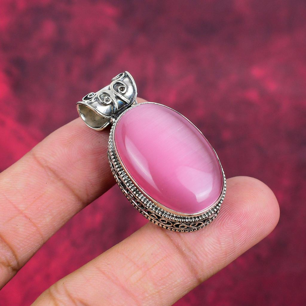 Pink Cat's Eye Pendant, 925 Solid Sterling Silver Gemstone Jewelry, Handmade Pendant, For Wedding Gift