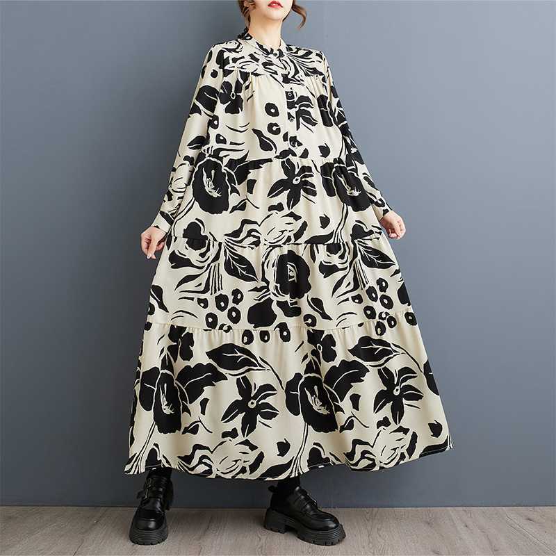 

2025 Большой размер Круглый вырез Длинный рукав Свободные большие качели Платья для мам среднего и пожилого возраста 3XL чёрный