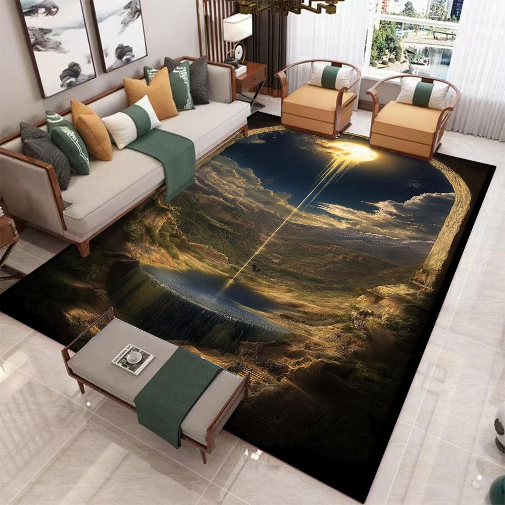 Fantasy Landscape Carpet Mat Golden Clouds Majestic Waterfall Living Room Rug with Heavenly Architecture Design Home Decoration