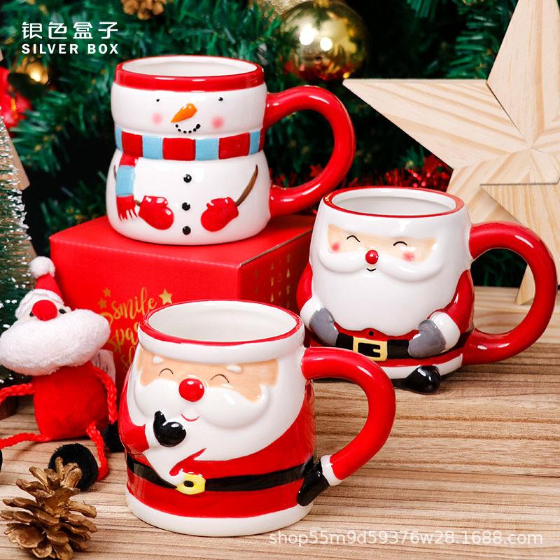 Latest Popular Santa Claus Cup Ceramic Cup Gift Box with Cartoon 3D Hand Drawn Gift Creative Mug Christmas Holiday Gift
