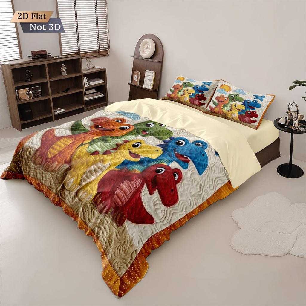 3Pcs Cartoon Dinosaur Animal Print Coreless Down Comforter Set Comfortable Bedroom Dormitory Bedding Decoration Machine Washable