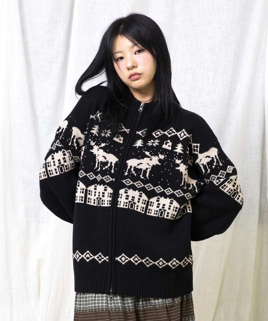 GLACK Gnt071 Kevin Nordic Pattern Knit Zip-Up (Black)