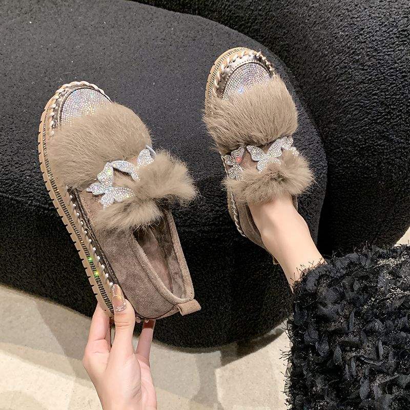 Tjockbottnade fluffiga skor för damer, nya vintermodeller 2025, enpedals loafers bomullsskor, strass sammet muffin Doudou-skor