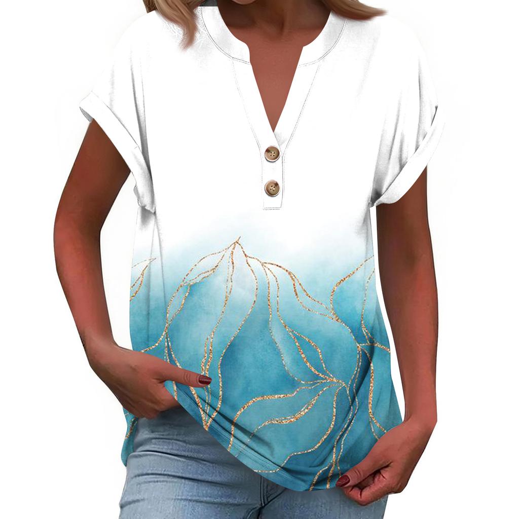 Modieuze Casual Losvallende Dames T-shirt Top met Korte Mouwen, Knopen en V-hals, Bedrukt