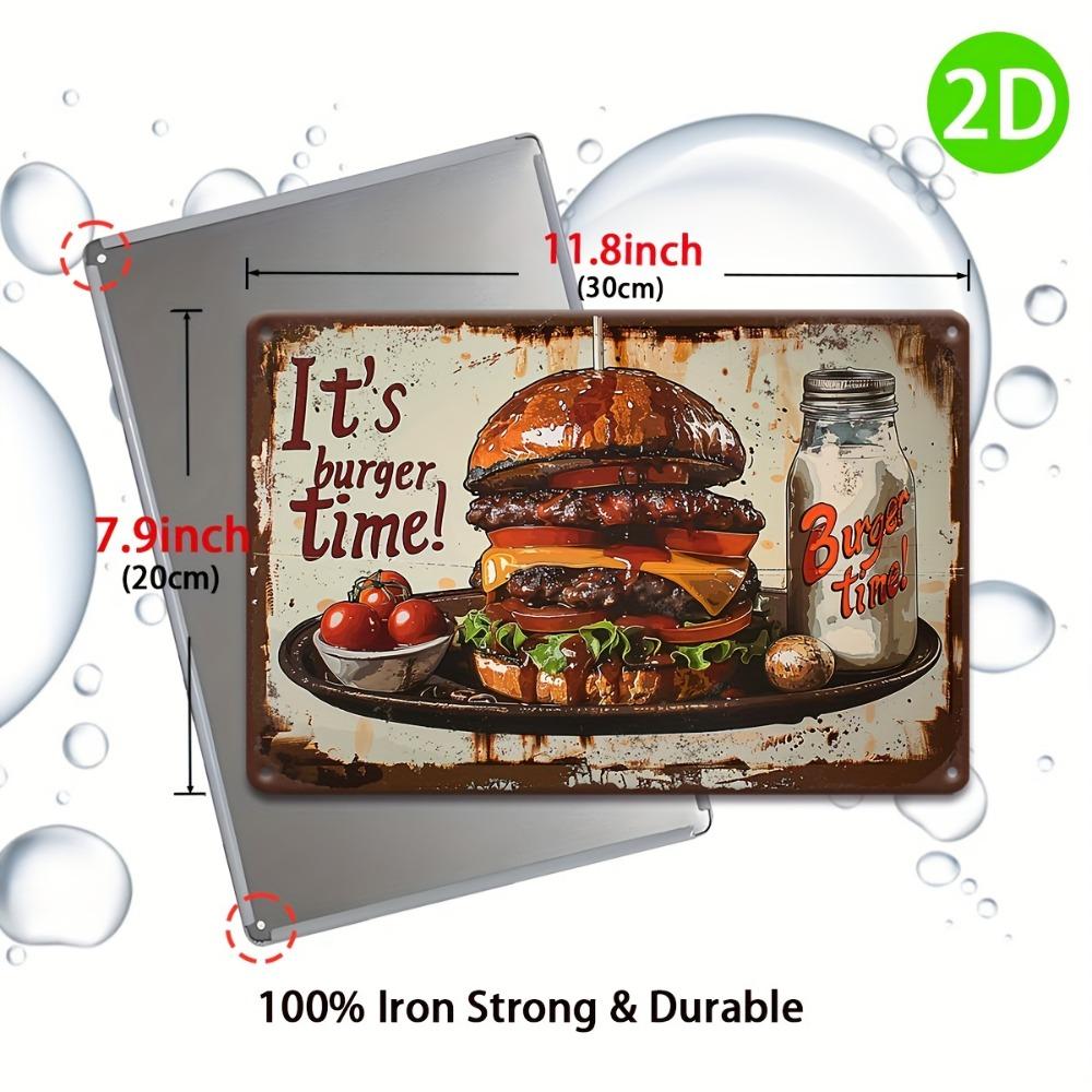 "It's Burger Time!" Vintage Metal Tin Sign | 12"x8" Rustic Iron Decor | 2D Flat Wall Art for Home Bar, Kitchen, Cafe