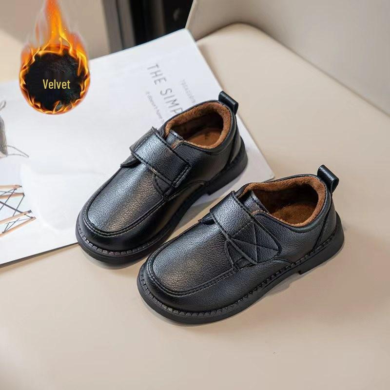 Chaussures en Cuir à Lacets Noir Mat pour Garçons – Antidérapantes, Respirantes, Velcro, Style Britannique, Tenue Décontractée Printemps & Automne