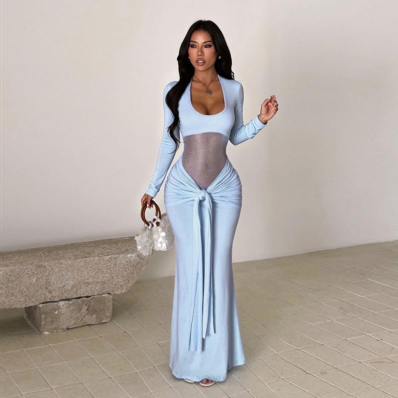 European and American new hip-wrapped fishtail skirt, sexy Spice Girl U-neck mesh stitching strap pleated dress XS