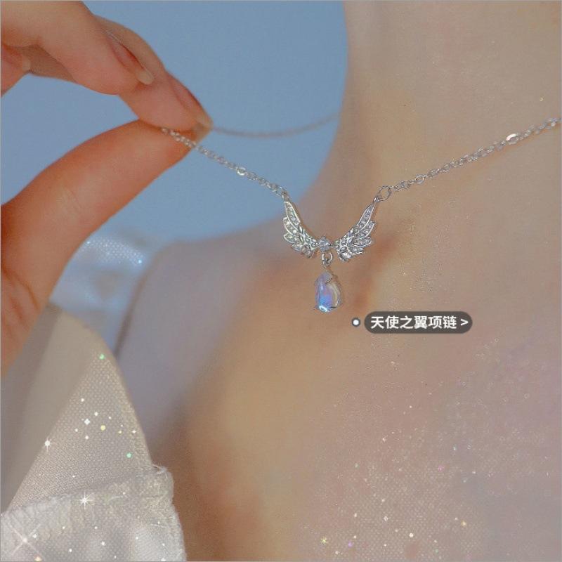 IFYOUOO Fashion Elegant Moonstone Teardrop Angel Wing Titanium Steel Necklace for Women - Ins Light Luxury Minimalist Choker