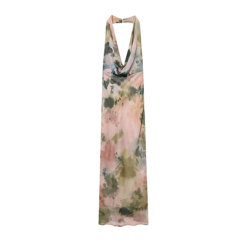 

Kaslead New Women clothes Western Style Simple Slim fit Retro Tie-dye Print Deep V-neck Hanging Neck Dress Picture Color L