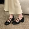 Französische Retro Mary Jane Schuhe Damen 2025 Frühling neue dicke Ferse eckige Spitze Schleife kleine Lederschuhe mit einzelnen Schuhen