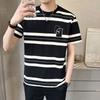 Koreanische kontrastfarbene gestreifte T-Shirts Herrenbekleidung Lässig Rundhals Sommer Basic Kurzarm Amerikanische Retro-Pullover