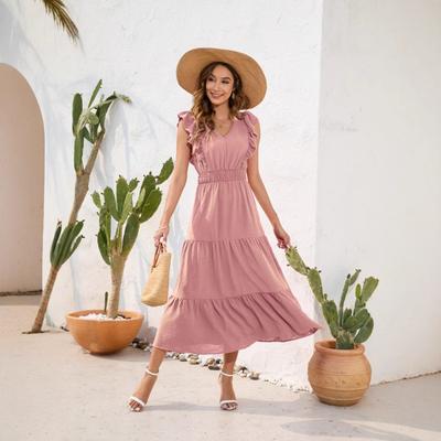 Robe Longue Col V Taille Haute Décontractée Voyage Vacances
