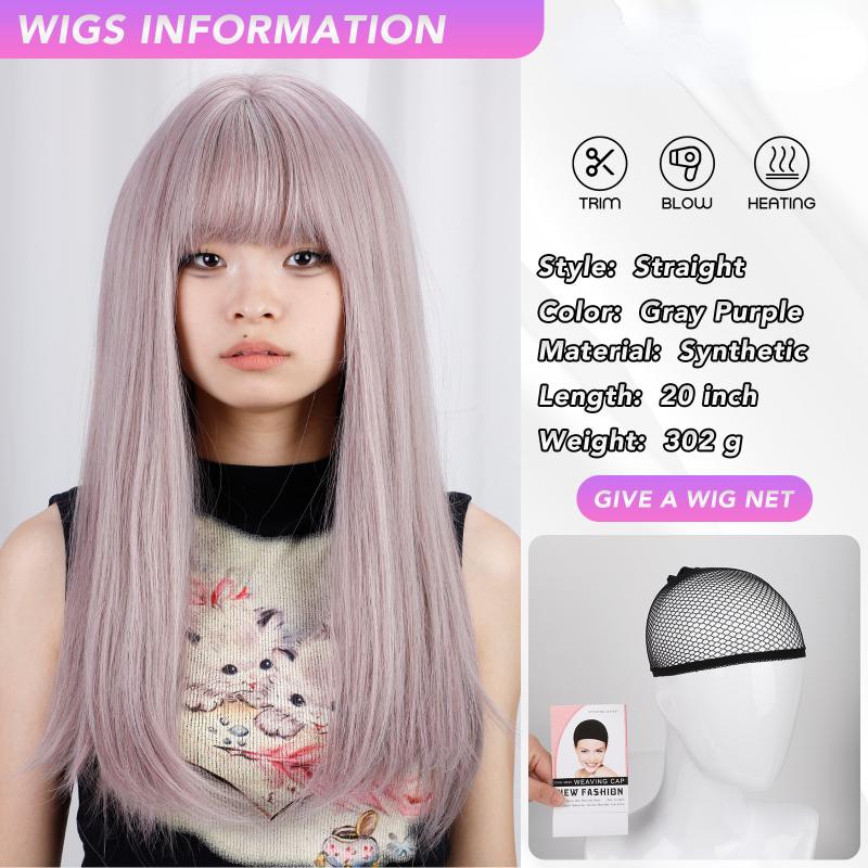 Gerade Perücke Grau lila Pony 20 Zoll Faser Synthetische Perücken Hitzebeständig Natürlich Party oder Selfie Für Frauen Täglicher Gebrauch Koreanische Mode
