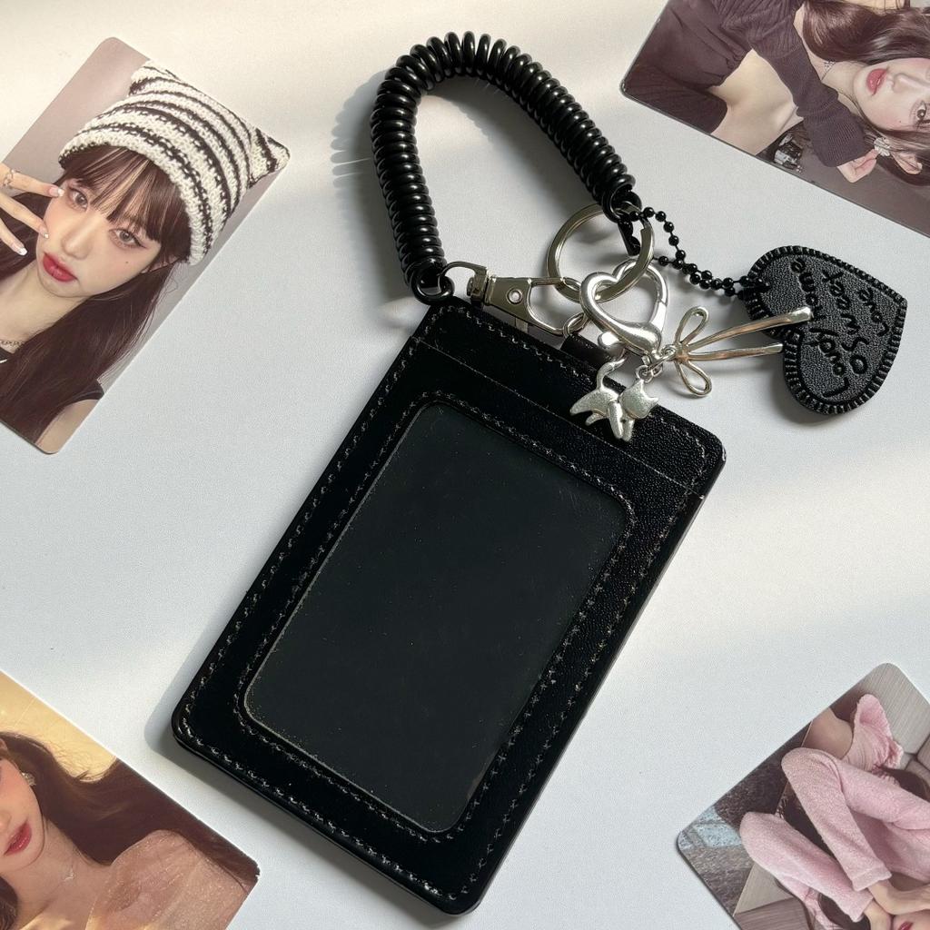 New Pu Black card holder album storage Key ring pendant Korean Card Sleeve with Protective Film Idol Photo Game Card Cover