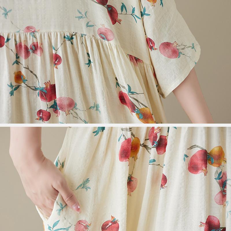 Summer New Mori Large Size Short-sleeved Dress Women Loose Casual Printed Long Skirt