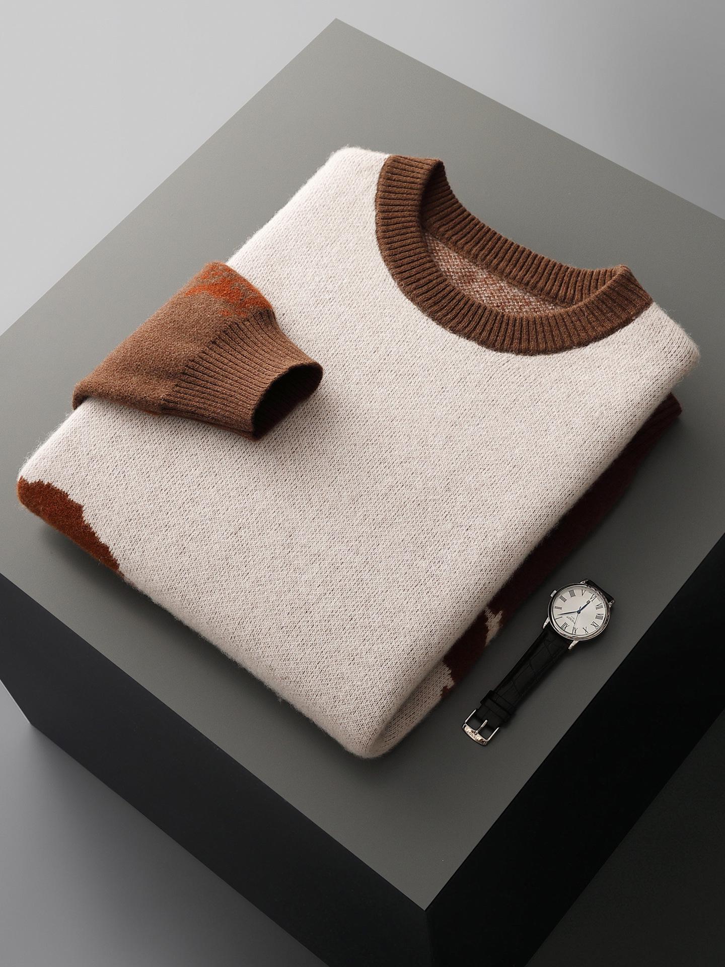 

Мужской осенне-зимний утолщенный жаккардовый свитер из 100% шерсти с круглым вырезом XXXL кофейный