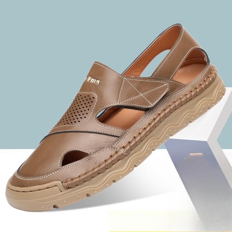 2025 Summer New Leather Sandals for Men Solid Color Fashion Casual Soft Sole Hallow Breathable Antiskid Designer Shoes Man