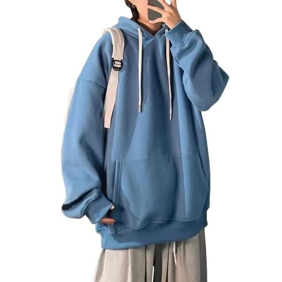 Yousheng Men Fall Winter Hoodie with Big Front Pocket Solid Color Drawstring Long Sleeves Hooded Elastic Cuff And Hem Thin Daily Wear Casual Sport Top