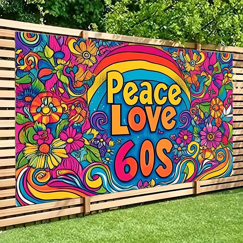 2D Peace Love 60s Hippie Backdrop with Psychedelic Flowers & Rainbow 47.2x31.5inch/120*80cm