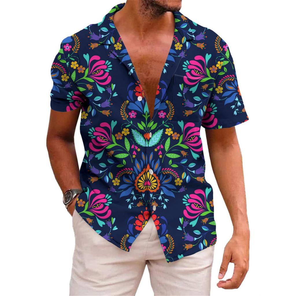 Hawaiian Mens Shirts Lapel Short-Sleeved Shirt Mexican Style Clothing Casual Loose Button-Down Shirt