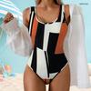 Women Plus Size Scoop Neck Wide Straps High Cut Geometric Printed One Piece Swimsuit