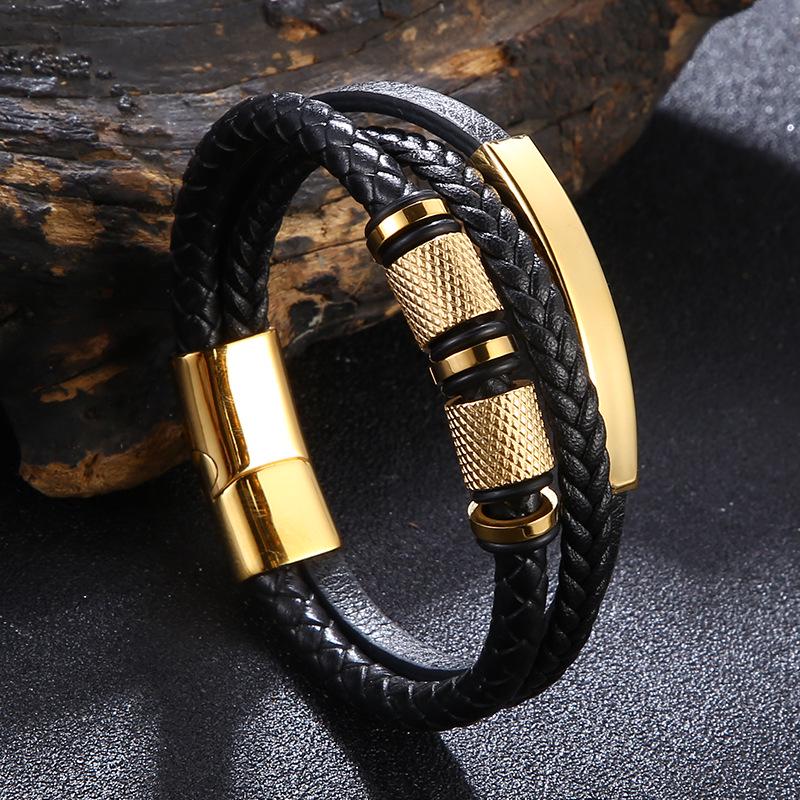 Men's Multi-layer Woven Leather Punk Bracelet with Stainless Steel Hip Hop Accents