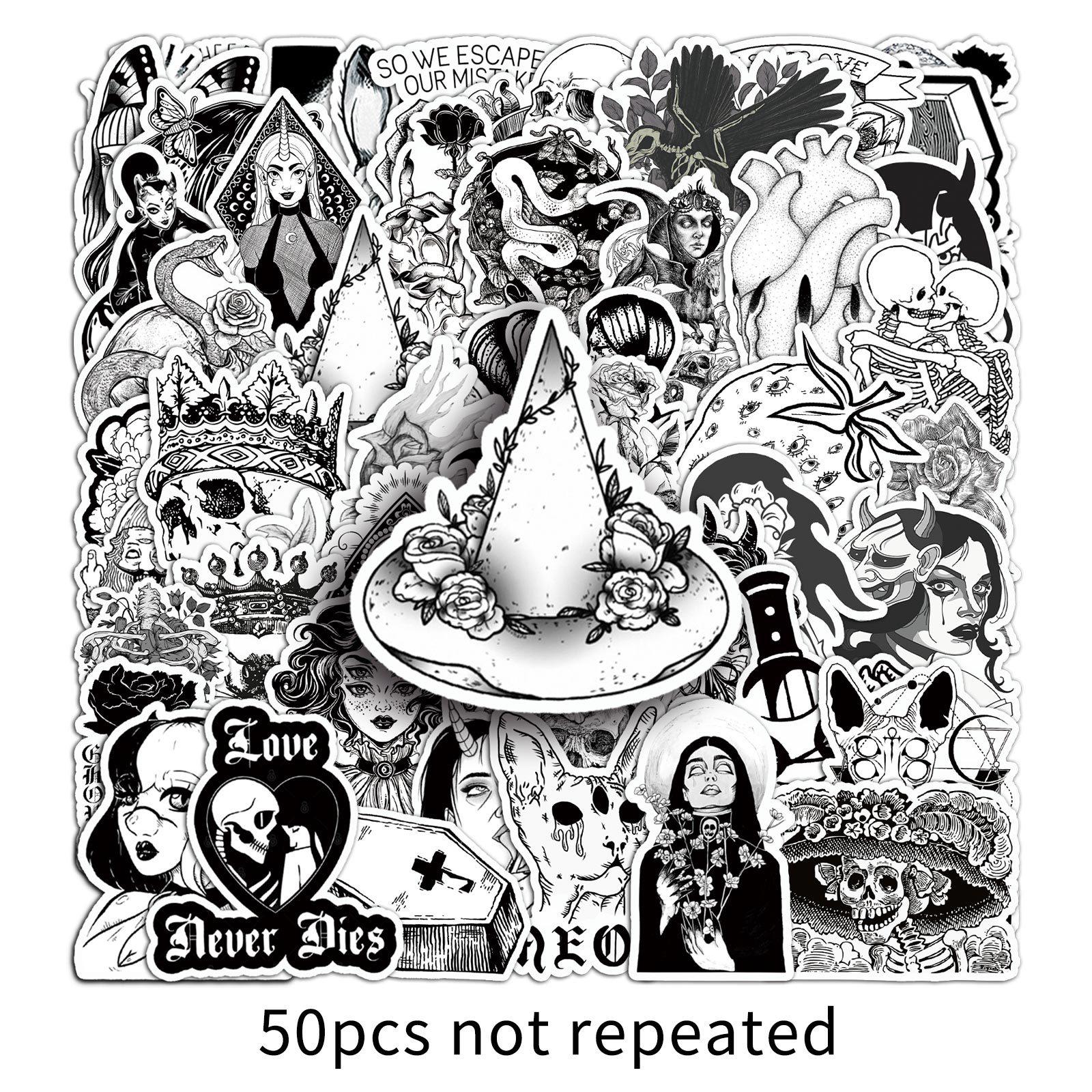 50 Sheets Gothic Black & White Waterproof Stickers: Creative DIY Journal & Guitar Decor