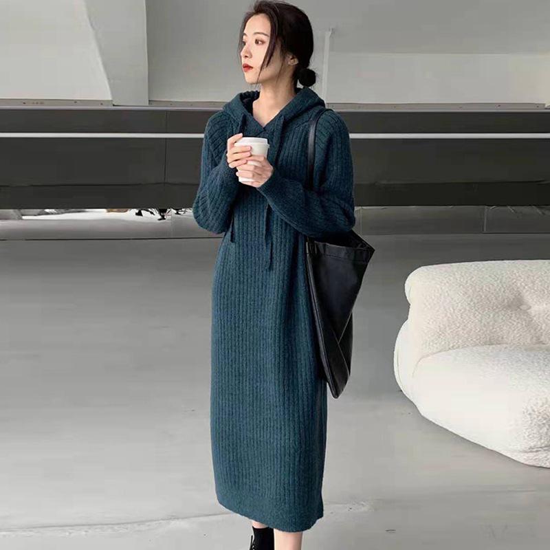 Vestido Suéter con Capucha para Mujer: Nuevo Otoño/Invierno Suelto, Casual, Tejido, Slim, Largo Medio, Estilo por Encima de la Rodilla.