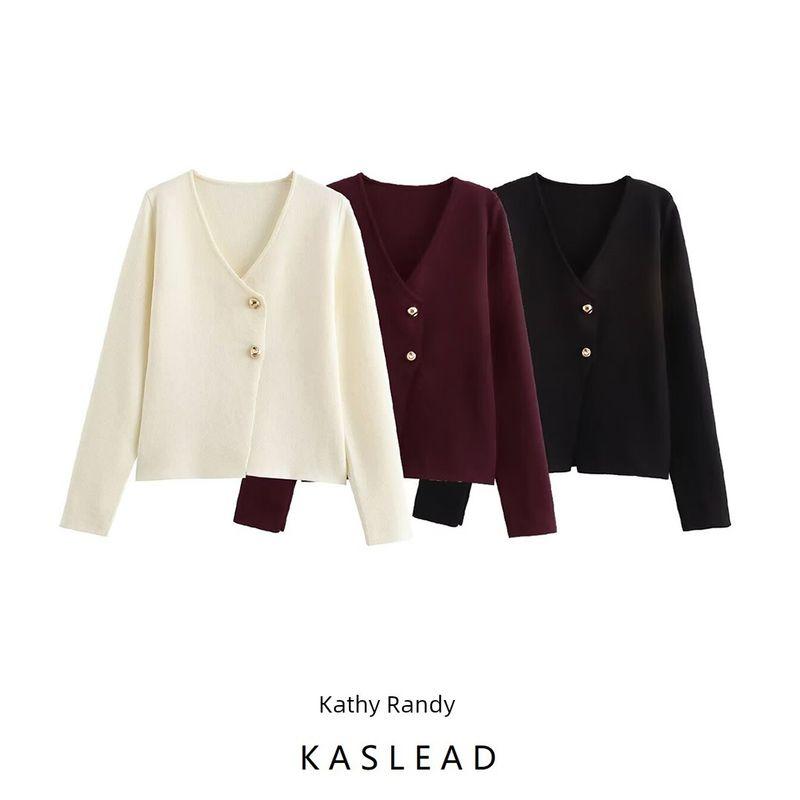 Kaslead New Arrival Women's Fashion Style Fashion Minimalist Three-Color Golden Button Long Sleeves Knitting Tops