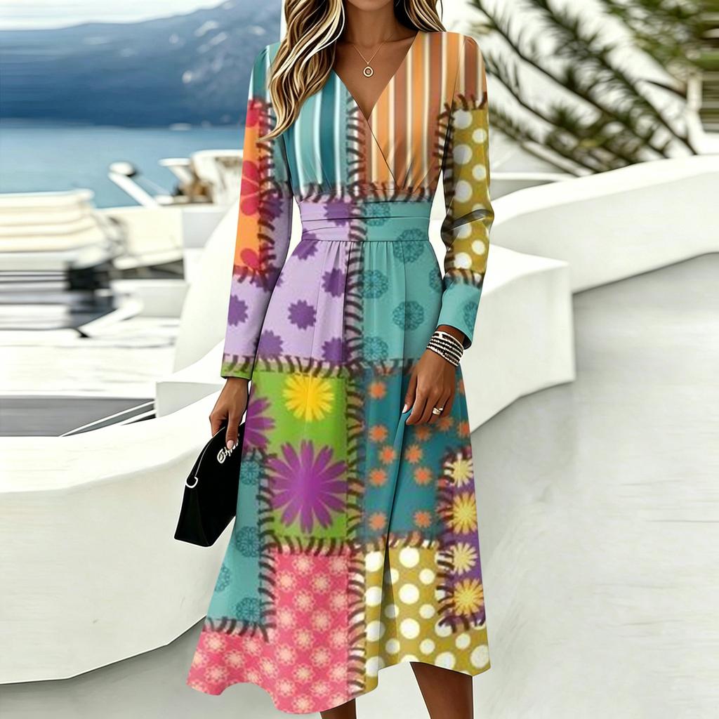 Women's Casual Color Block Plaid Print Long Sleeve V-Neck Dress with Pockets
