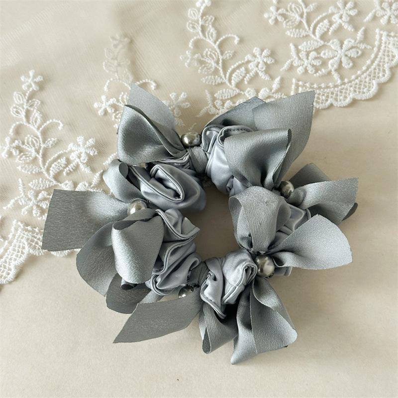 

High Gloss Luster Bowknot Elastic Hair Bands Metallic Bead Embellishment Sophisticated Evening Party Ponytail Ties светло-синий
