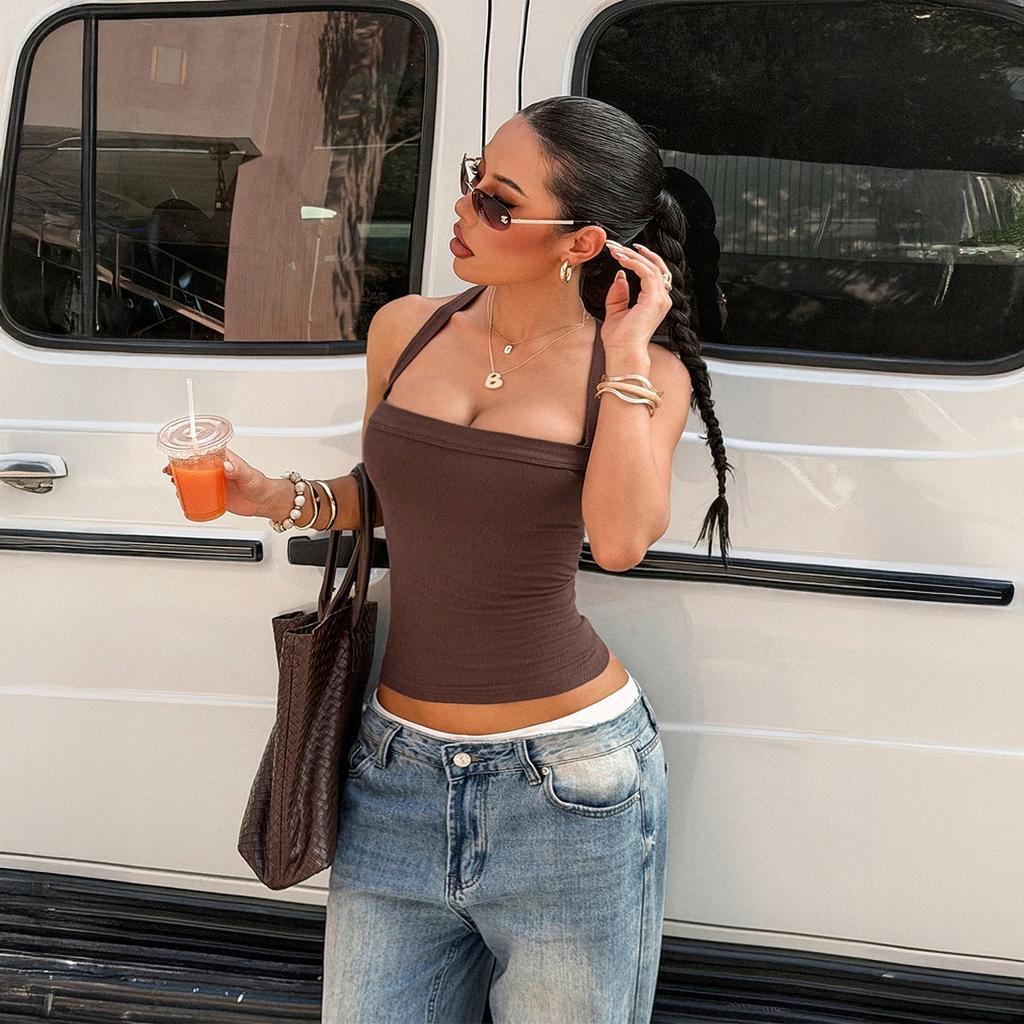 Women's Square Neck Sleeveless Ribbed Crop Top Slim Fit Sexy Y2K Camisole Tank Top Solid Color Summer Halter Tube Top