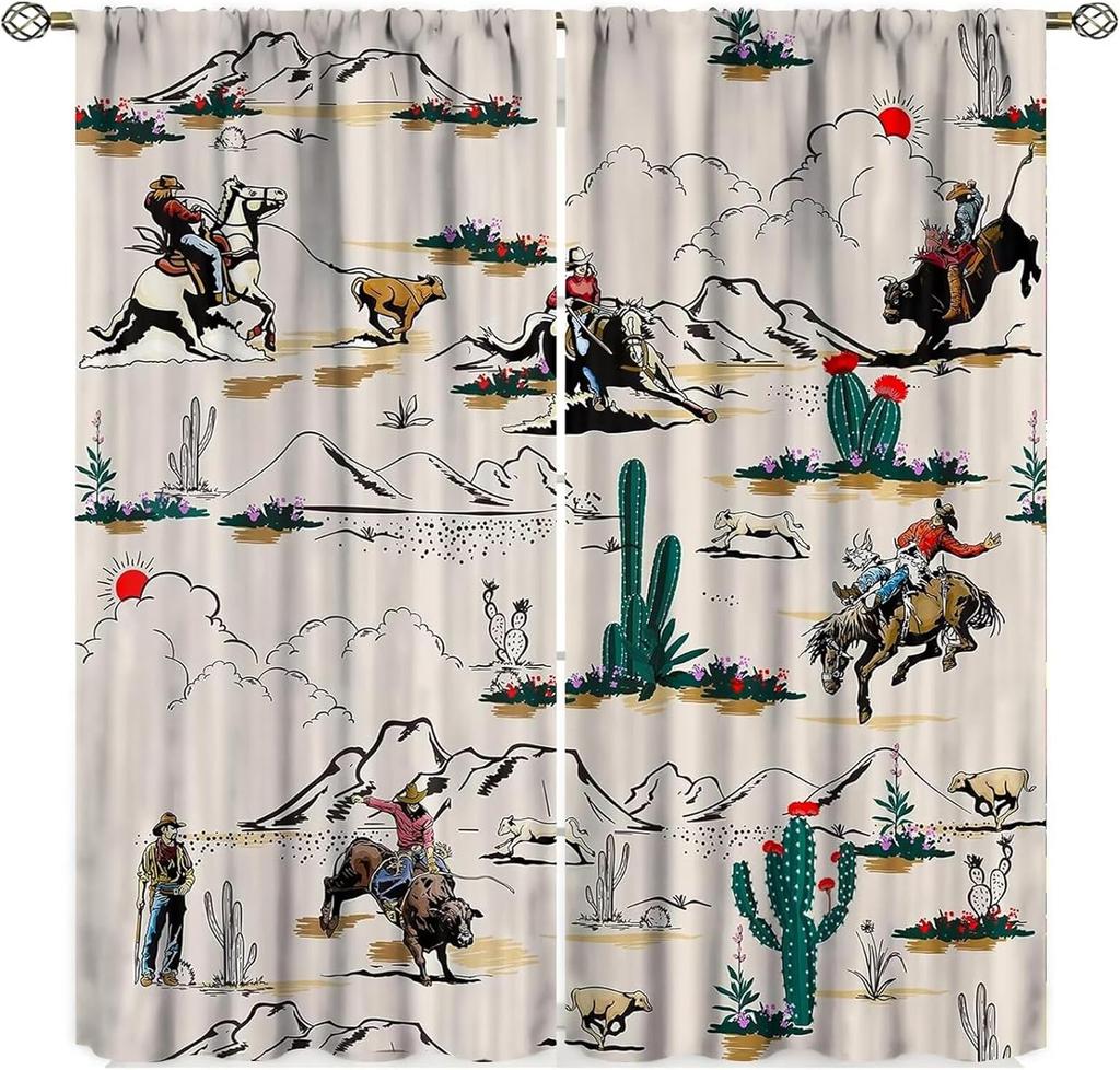 Vintage West Cowboy Window Curtains Rustic Wild West Cowboy Ride Horse and Desert Cactus Window Treatments for Bedroom Living