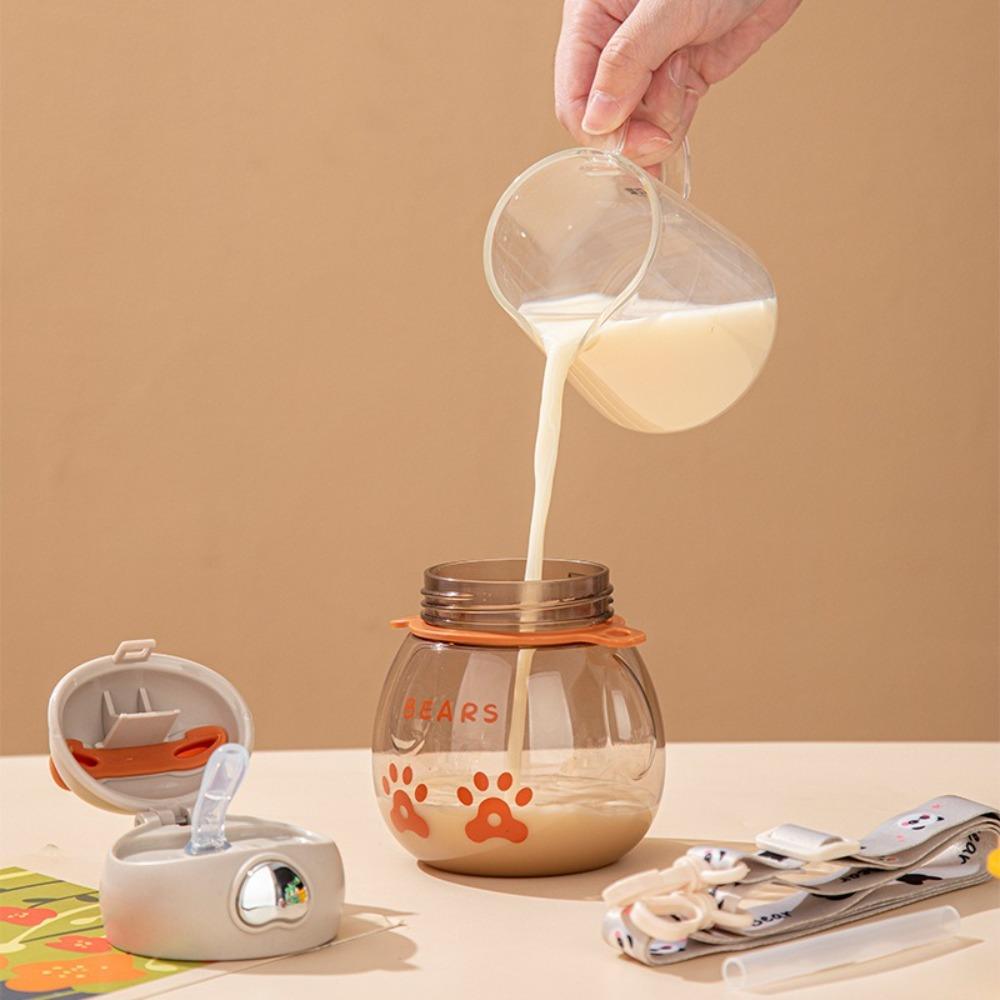 Plastic Children's Water Bottle Portable Leak-Proof Crossbody Water Cup 450ml Big-bellied Bear Students Straw Bottles Summer