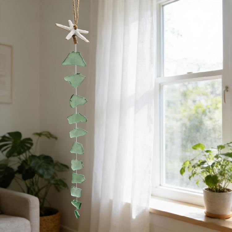 Strand Küsten Thema Mehrfarbige Meerglas Windspiele Hängendes Ornament Mit Harz Seesternen Für Außen Garten Dekorationen