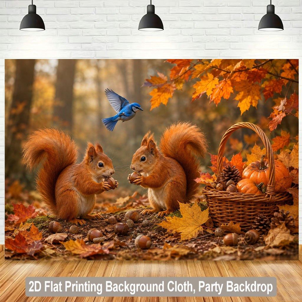 1 Piece of 2D Flat Background Fabric Autumn Forest Animal Gathering Nuts Background banner.PMJ